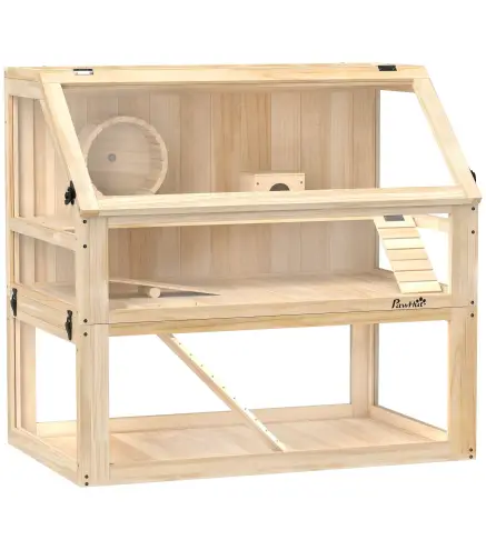 Jaula para Hámster de Madera 3 Nivles con Base Desmontable Profundo Balancín Rueda de Ejercicio Rampas Casita Natural