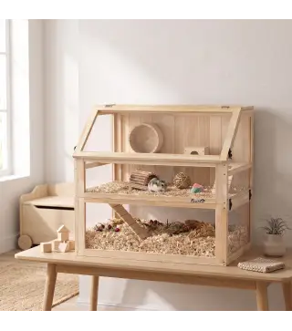 Jaula para Hámster de Madera 3 Nivles con Base Desmontable Profundo Balancín Rueda de Ejercicio Rampas Casita Natural