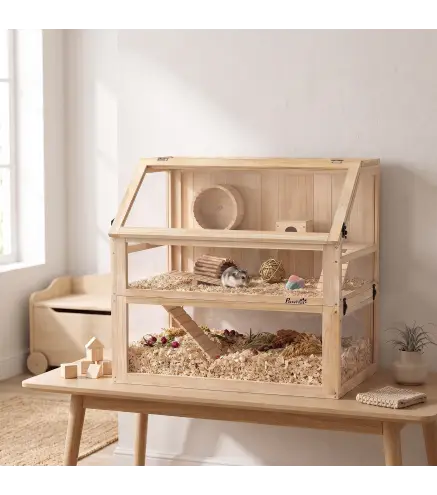 Jaula para Hámster de Madera 3 Nivles con Base Desmontable Profundo Balancín Rueda de Ejercicio Rampas Casita Natural