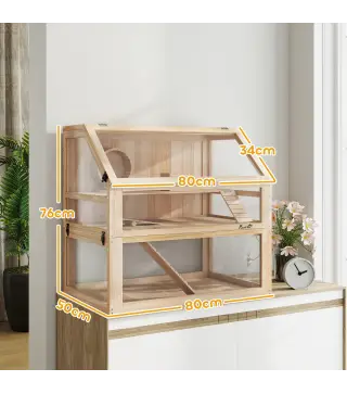 Jaula para Hámster de Madera 3 Nivles con Base Desmontable Profundo Balancín Rueda de Ejercicio Rampas Casita Natural