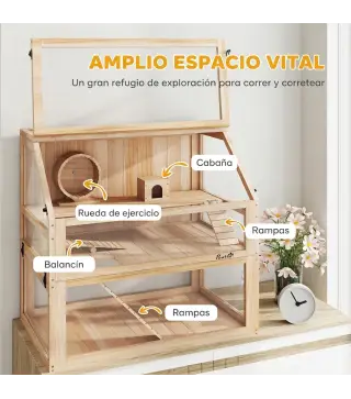 Jaula para Hámster de Madera 3 Nivles con Base Desmontable Profundo Balancín Rueda de Ejercicio Rampas Casita Natural
