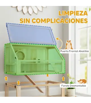 Jaula para Hámster de Madera 3 Nivles con Base Desmontable Profundo Balancín Rueda de Ejercicio Rampas Casita Natural