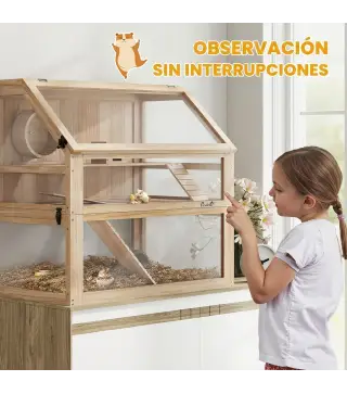 Jaula para Hámster de Madera 3 Nivles con Base Desmontable Profundo Balancín Rueda de Ejercicio Rampas Casita Natural