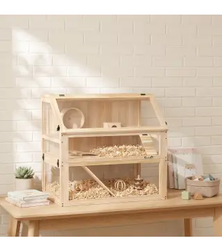 Jaula para Hámster de Madera 3 Nivles con Base Desmontable Profundo Balancín Rueda de Ejercicio Rampas Casita Natural