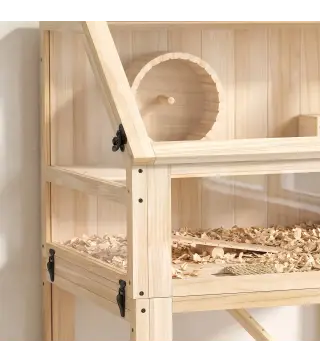 Jaula para Hámster de Madera 3 Nivles con Base Desmontable Profundo Balancín Rueda de Ejercicio Rampas Casita Natural