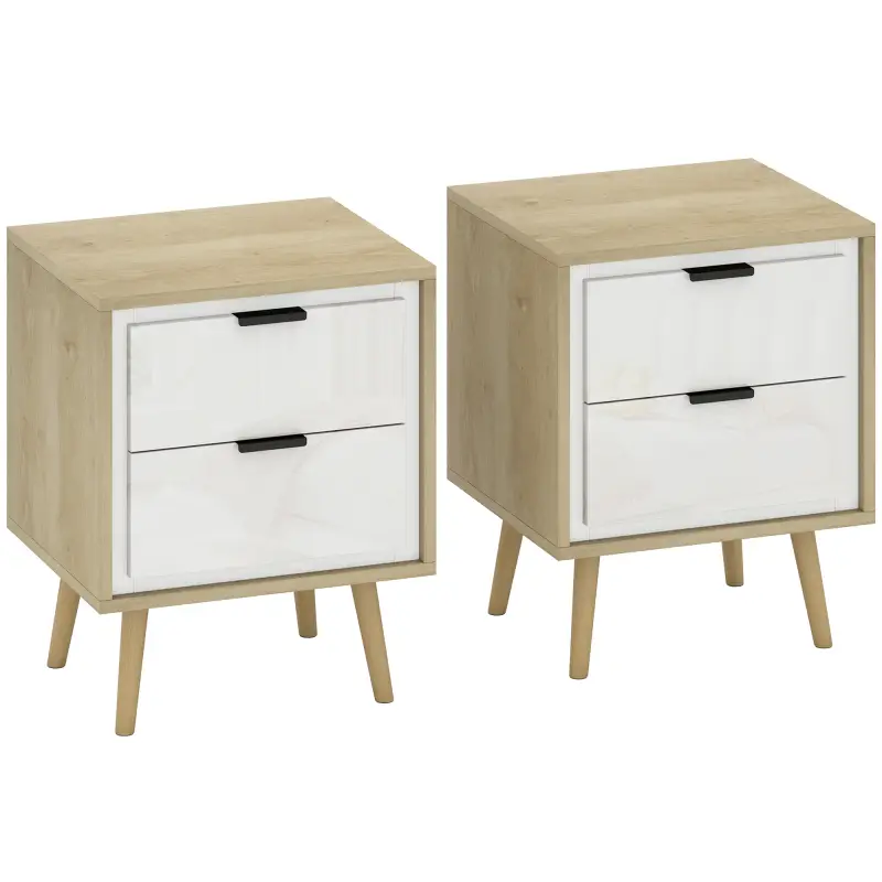 Juego de 2 Mesitas de Noche Modernas con 2 Cajones con Deslizamiento Silencioso 40x35x50 cm Blanco Brillo y Roble Juego de 2 Mesitas de Noche Modernas con 2 Cajones con Deslizamiento Silencioso 40x35x50 cm Blanco Brillo y Roble