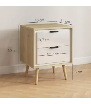Juego de 2 Mesitas de Noche Modernas con 2 Cajones con Deslizamiento Silencioso 40x35x50 cm Blanco Brillo y Roble