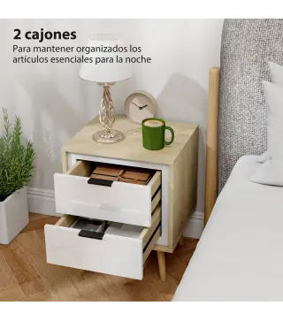 Juego de 2 Mesitas de Noche Modernas con 2 Cajones con Deslizamiento Silencioso 40x35x50 cm Blanco Brillo y Roble