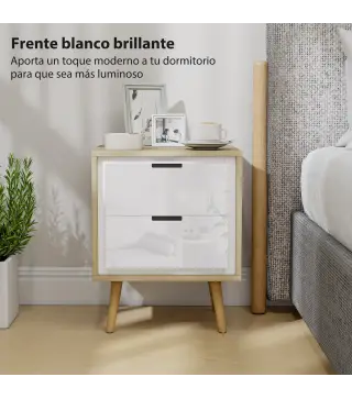 Juego de 2 Mesitas de Noche Modernas con 2 Cajones con Deslizamiento Silencioso 40x35x50 cm Blanco Brillo y Roble
