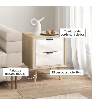 Juego de 2 Mesitas de Noche Modernas con 2 Cajones con Deslizamiento Silencioso 40x35x50 cm Blanco Brillo y Roble