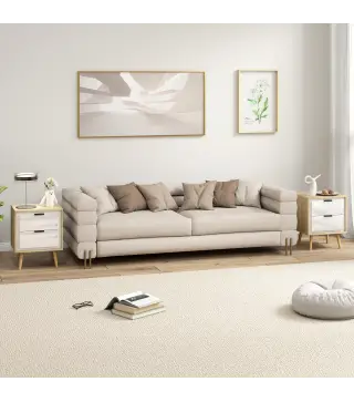 Juego de 2 Mesitas de Noche Modernas con 2 Cajones con Deslizamiento Silencioso 40x35x50 cm Blanco Brillo y Roble