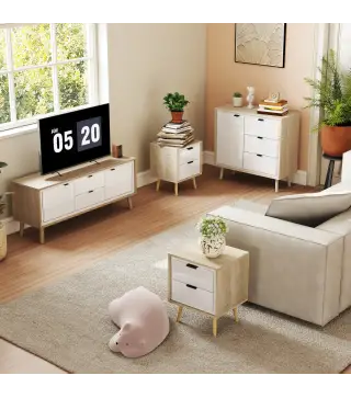 Juego de 2 Mesitas de Noche Modernas con 2 Cajones con Deslizamiento Silencioso 40x35x50 cm Blanco Brillo y Roble