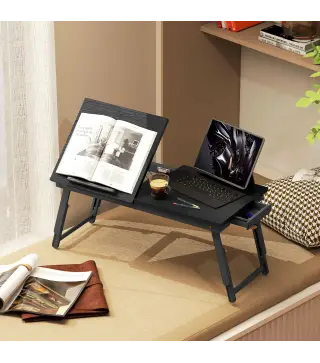 Mesa Reclinable para Cama y Sofá Bandeja Plegable con Cajón Lateral para Ordenador Portátil Libros Cinco Alturas Negro