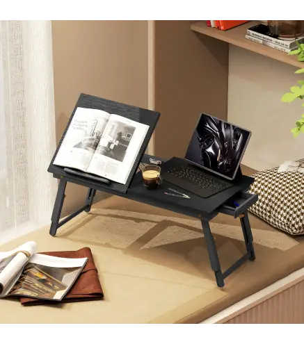 Mesa Reclinable para Cama y Sofá Bandeja Plegable con Cajón Lateral para Ordenador Portátil Libros Cinco Alturas Negro