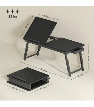 Mesa Reclinable para Cama y Sofá Bandeja Plegable con Cajón Lateral para Ordenador Portátil Libros Cinco Alturas Negro