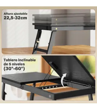 Mesa Reclinable para Cama y Sofá Bandeja Plegable con Cajón Lateral para Ordenador Portátil Libros Cinco Alturas Negro