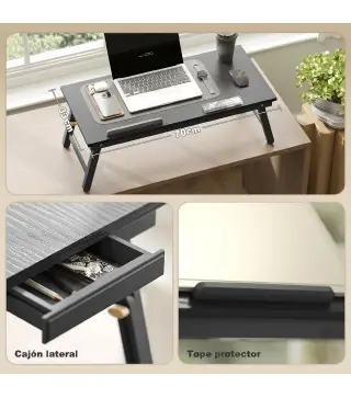 Mesa Reclinable para Cama y Sofá Bandeja Plegable con Cajón Lateral para Ordenador Portátil Libros Cinco Alturas Negro