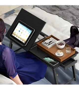 Mesa Reclinable para Cama y Sofá Bandeja Plegable con Cajón Lateral para Ordenador Portátil Libros Cinco Alturas Negro