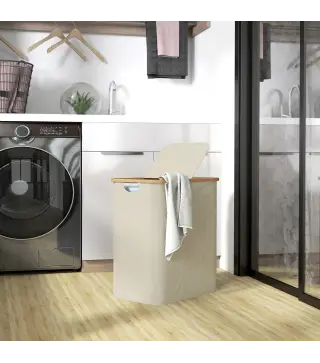 Cesto de Ropa Sucia Plegable con Tapa 80 L de Tela no Tejida 2 Compartimentos Asas 54x34x58,5 cm Beige