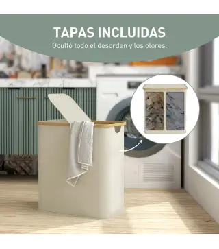 Cesto de Ropa Sucia Plegable con Tapa 80 L de Tela no Tejida 2 Compartimentos Asas 54x34x58,5 cm Beige