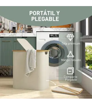 Cesto de Ropa Sucia Plegable con Tapa 80 L de Tela no Tejida 2 Compartimentos Asas 54x34x58,5 cm Beige