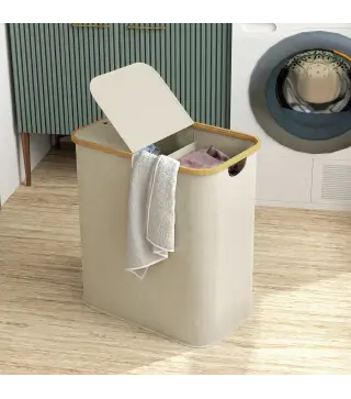 Cesto de Ropa Sucia Plegable con Tapa 80 L de Tela no Tejida 2 Compartimentos Asas 54x34x58,5 cm Beige