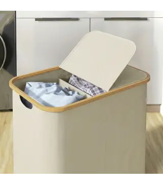 Cesto de Ropa Sucia Plegable con Tapa 80 L de Tela no Tejida 2 Compartimentos Asas 54x34x58,5 cm Beige