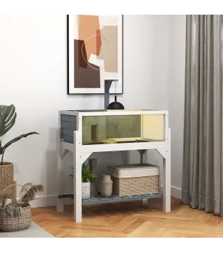 Casa de Tortugas de Madera con Estante Soporte para Lámpara Paneles Transparentes Techo Abatible Bandeja Gris