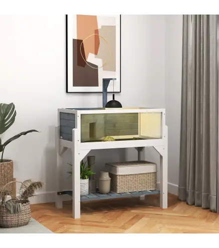 Casa de Tortugas de Madera con Estante Soporte para Lámpara Paneles Transparentes Techo Abatible Bandeja Gris