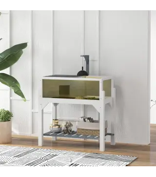 Casa de Tortugas de Madera con Estante Soporte para Lámpara Paneles Transparentes Techo Abatible Bandeja Gris