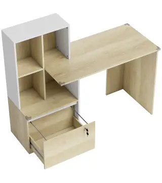 Escritorio Mesa de Oficina con 4 Estantes y Cajón Archivador A4 con Cerradura y 2 Llaves para Espacios Pequeños Roble