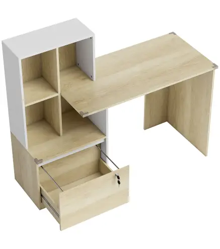 Escritorio Mesa de Oficina con 4 Estantes y Cajón Archivador A4 con Cerradura y 2 Llaves para Espacios Pequeños Roble