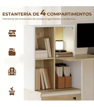 Escritorio Mesa de Oficina con 4 Estantes y Cajón Archivador A4 con Cerradura y 2 Llaves para Espacios Pequeños Roble