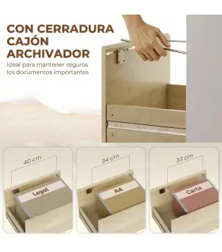 Escritorio Mesa de Oficina con 4 Estantes y Cajón Archivador A4 con Cerradura y 2 Llaves para Espacios Pequeños Roble