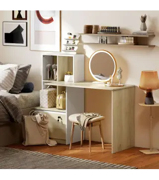 Escritorio Mesa de Oficina con 4 Estantes y Cajón Archivador A4 con Cerradura y 2 Llaves para Espacios Pequeños Roble