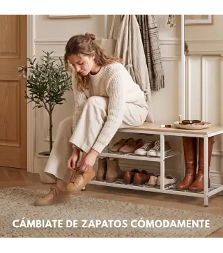 Perchero Zapatero con Espejo y 8 Ganchos Banco Zapatero Marco Metálico para Entrada Natural