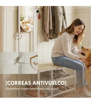 Perchero Zapatero con Espejo y 8 Ganchos Banco Zapatero Marco Metálico para Entrada Natural