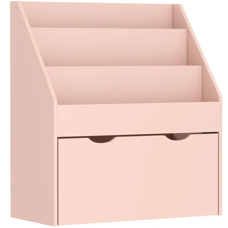 Librería Infantil de 4 Niveles Estantería para Libros Infantil con 3 Estantes y 1 Cajón con Ruedas 62,5x30x70 cm Rosa
