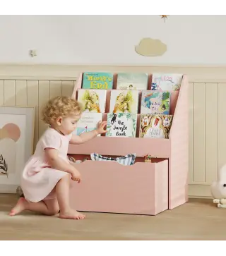Librería Infantil de 4 Niveles Estantería para Libros Infantil con 3 Estantes y 1 Cajón con Ruedas 62,5x30x70 cm Rosa