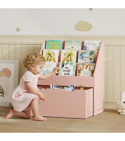 Librería Infantil de 4 Niveles Estantería para Libros Infantil con 3 Estantes y 1 Cajón con Ruedas 62,5x30x70 cm Rosa