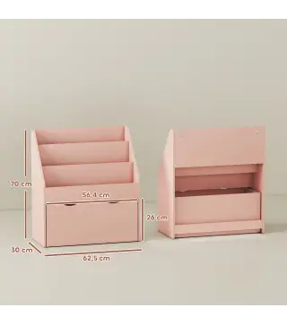 Librería Infantil de 4 Niveles Estantería para Libros Infantil con 3 Estantes y 1 Cajón con Ruedas 62,5x30x70 cm Rosa
