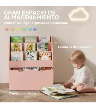 Librería Infantil de 4 Niveles Estantería para Libros Infantil con 3 Estantes y 1 Cajón con Ruedas 62,5x30x70 cm Rosa