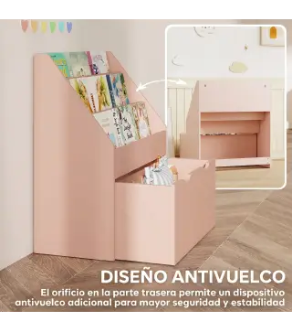 Librería Infantil de 4 Niveles Estantería para Libros Infantil con 3 Estantes y 1 Cajón con Ruedas 62,5x30x70 cm Rosa