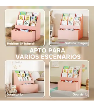 Librería Infantil de 4 Niveles Estantería para Libros Infantil con 3 Estantes y 1 Cajón con Ruedas 62,5x30x70 cm Rosa