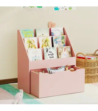 Librería Infantil de 4 Niveles Estantería para Libros Infantil con 3 Estantes y 1 Cajón con Ruedas 62,5x30x70 cm Rosa