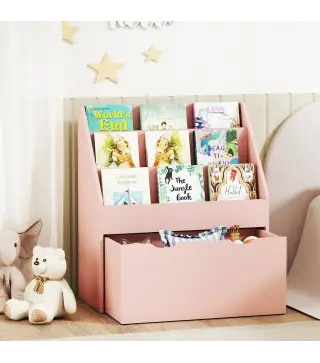 Librería Infantil de 4 Niveles Estantería para Libros Infantil con 3 Estantes y 1 Cajón con Ruedas 62,5x30x70 cm Rosa