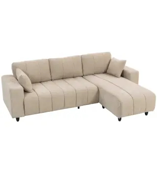 Sofá Chaise Longue Reversible de 4 Plazas 2 Almohadas Tapizado en Lino Marco de Acero 242x156x87 cm Beige