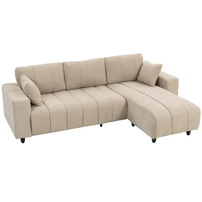 Sofá Chaise Longue Reversible de 4 Plazas 2 Almohadas Tapizado en Lino Marco de Acero 242x156x87 cm Beige