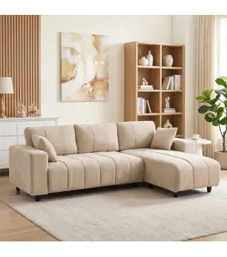Sofá Chaise Longue Reversible de 4 Plazas 2 Almohadas Tapizado en Lino Marco de Acero 242x156x87 cm Beige
