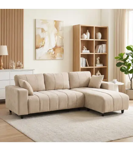 Sofá Chaise Longue Reversible de 4 Plazas 2 Almohadas Tapizado en Lino Marco de Acero 242x156x87 cm Beige